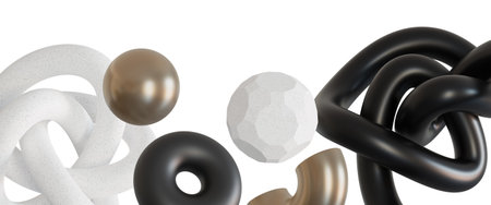 Elegant, minimalistic footer with abstract, floating black, white and metallic 3D shapes, isolated...