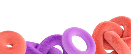 Playful footer with abstract, fluffy 3D shapes, isolated on white background. Modern border. Pink...