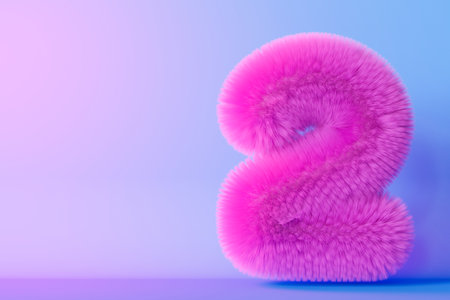 Playful fluffy number two on gradient background. Symbol 2. Second birthday party. Festive children event. Modern, trendy numbers. Vibrant, neon, radiant colors. Greeting card design. Copy space. 3D.の写真素材