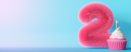 Playful number two with cupcake on gradient background. Symbol 2. Second birthday party. Festive children event. Modern, trendy numbers. Vibrant, neon colors. Greeting card design. Copy space. 3D.の写真素材