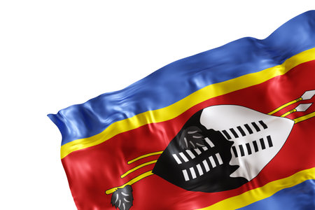 Realistic flag of Eswatini with folds, isolated on white background. Footer, corner design element. Cut out. Perfect for patriotic themes or national event promotions. Empty, copy space. 3D render.の写真素材