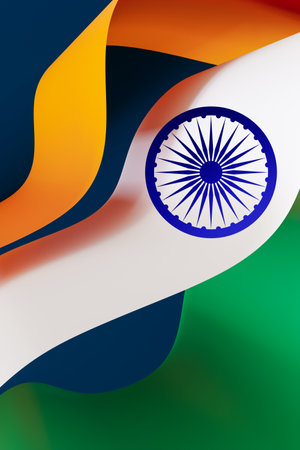 Vibrant, abstract representation of the Indian flag with flowing curves. Indian Independence Day, concept of patriotism and national pride. Vertical format. 3D render.の写真素材