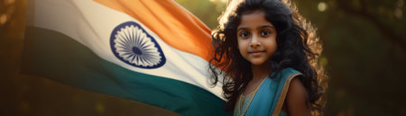 Young Indian girl stands in front of blurred Indian flag, symbolizing patriotism, national pride. Celebrating Indian Independence Day. Love for the country. Panoramic banner copy space. Generative AI.の素材