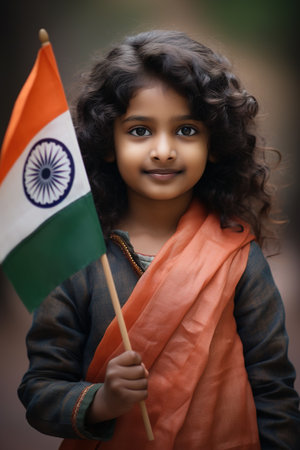 Young smiling Indian girl holding Indian flag, symbolizing patriotism and national pride. Celebrating Indian Independence Day. Love for the country. Generative AI.の素材