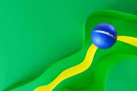 Vibrant abstract representation of Brazilian flag with flowing curves. Brazilian Independence Day, concept of patriotism and national pride. Empty, copy space for text. National holiday in Brazil. 3D.の写真素材