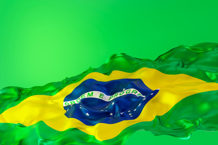 Brazilian national flag with blue yellow and green colors. Brazilian Independence Day concept of patriotism and national pride. Empty, copy space for text, advertising. National holiday in Brazil. 3D.の写真素材