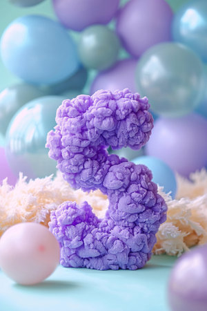 Vibrant, purple, fluffy number five with blurred balloons on the background. Playful symbol 5. Invitation for fifth birthday celebration. Children, kids party. Greeting card, vertical. Generative AIの素材