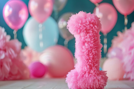 Pink, girlish and fluffy number one with blurred balloons on the background. Playful symbol 1. Invitation for first birthday celebration. Children, kids party. Greeting card design. Generative AI.の素材