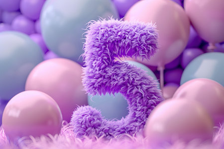 Vibrant, purple and fluffy number five with blurred balloons on the background. Playful symbol 5. Invitation for fifth birthday celebration. Children, kids party. Greeting card design. Generative AI.の素材