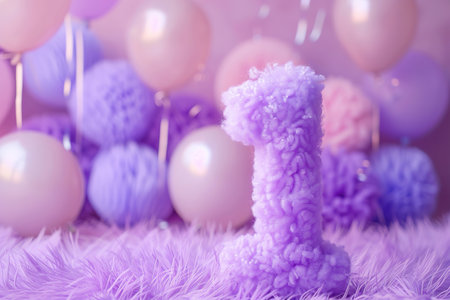 Vibrant, purple and fluffy number one with blurred balloons on the background. Playful symbol 1. Invitation for first birthday celebration. Children, kids party. Greeting card design. Generative AIの素材