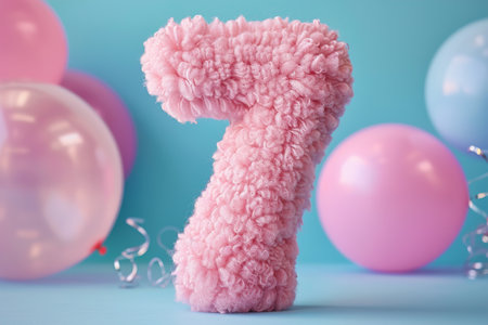 Pink, girlish and fluffy number seven with blurred balloons on the background. Playful symbol 7. Invitation for seventh birthday celebration. Children, kids party. Greeting card design. Generative AIの素材