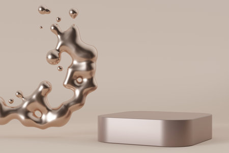 Metallic podium with liquid metal splash on neutral, beige background. Mock up for product presentation. Pedestal or platform. Empty scene. Stage, display, showcase. Copy space. 3D renderingの写真素材
