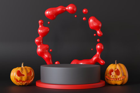 Vibrant Halloween-themed product display podium featuring dynamic red liquid splash and carved pumpkins. Perfect for seasonal promotions, Halloween products, and creative advertising campaigns. 3D.の写真素材