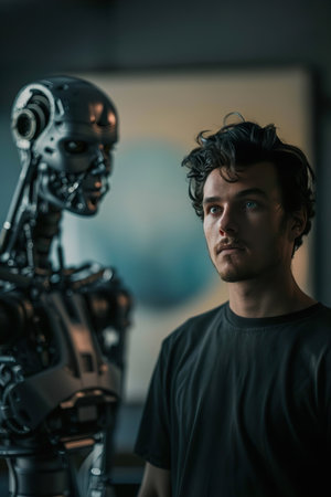 Young man and humanoid robot, set against a moody, dimly lit background. Perfect for illustrating the convergence of humanity with advanced robotics and AI in modern settings. Generative AI.の素材
