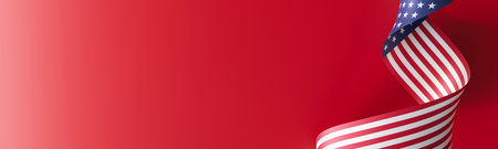 Artistic rendering of the American flag, elegantly styled as a ribbon against a red background,...
