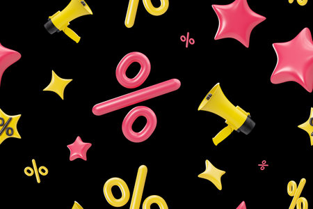 Creative seamless pattern featuring black background dotted with yellow megaphones, pink and yellow percentage symbols, whimsical stars, perfect for themes of sales, promotions, and announcements. 3D.の写真素材