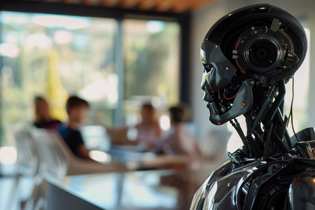 A modern robot designed as a family assistant stands in a living room, family members eating in the background. Robotics integration into everyday life. Generative AIの素材