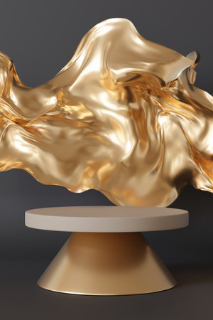 Luxurious podium with fluid golden abstract shape on black, vertical background. Ideal for highlighting premium goods in graceful, sophisticated manner. Empty scene. Stage, display, showcase. 3D.の写真素材