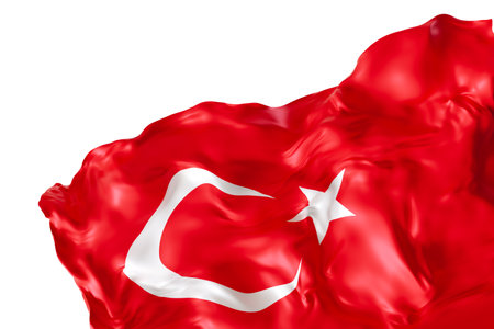 Realistic flag of Turkey with folds, isolated on white background. Footer, corner design element. Cut out. Perfect for patriotic themes or national event promotions. 3D render.の写真素材