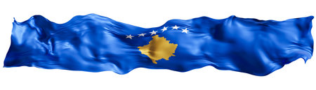 Stylized flag of Kosovo waving in the wind, isolated on white background. Footer, header or divider. Cut out wide, panoramic element. Banner for patriotic themes or national event promotions. 3D.の写真素材