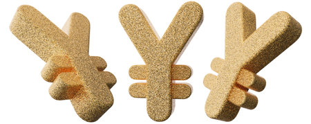 Trio of golden glittered yen currency symbols, isolated on white background. Perfect for financial,...