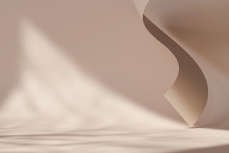 Empty scene with copy space for product placement. Ideal for highlighting premium goods. Warm, brown colors. Beautiful light and shadows effect. Product display mockup. 3D render.の写真素材