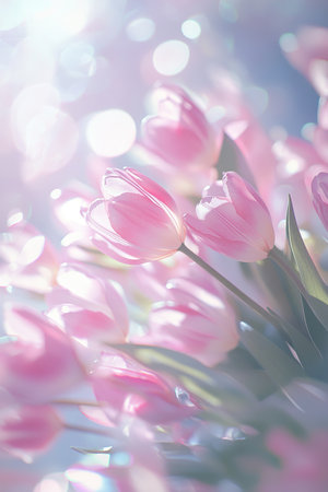 A bouquet of pink tulips fills the corner with delicate petals, enhanced by natural light and a soft, blurred pastel backdrop, creating an elegant and tranquil setting.の素材