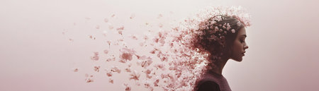 Feminine silhouette composed of vibrant flowers, petals, and leaves in gentle pastels, creating an empowering visual with clean background space for text.の素材