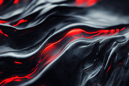 Dynamic waves of black and red flow seamlessly across the surface, featuring a metallic texture and soft glowing edges, leaving ample space for text overlay in a modern design.の素材