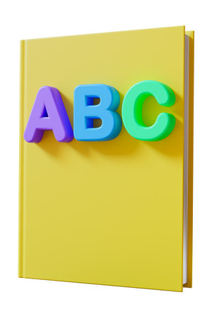 Brightly colored primary school book showcases ABC letters, perfect for young learners to engage with letters and enhance early literacy skills. Isolated on white background, front view. 3D render.の写真素材