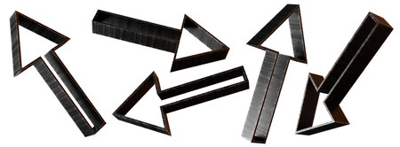 Set of black metallic arrows rendered in 3D, isolated on a white background, showcasing different directions for creative design applications. Arrow symbol, cut out.の写真素材