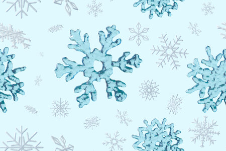 Delicate snowflakes in various shades of blue create a seamless pattern perfect for winter decorations. The design is ideal for textiles, wrapping paper, or seasonal crafts.の写真素材
