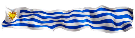 Stylized flag of Uruguay waving in the wind, isolated on white background. Footer, header or divider. Cut out wide, panoramic element. Banner for patriotic themes or national event promotions. 3D.の写真素材
