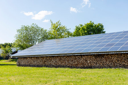 Solar panels cover the roof of a wooden storage structure, situated in a lush green field under a clear blue sky with trees visible in the backgroundの写真素材