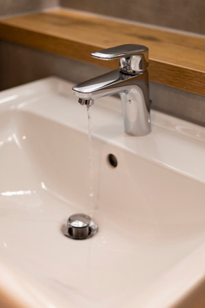 Water flows from a stylish faucet into a clean white sink. The setting features a minimalist design...