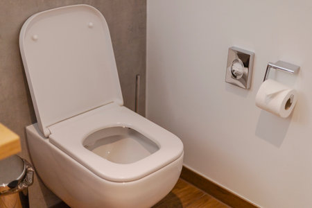This contemporary bathroom features a sleek toilet design with a minimalist aesthetic. A toilet...