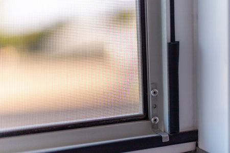 Sunlight streams through a fine mesh window screen, creating a warm and inviting indoor ambiance. The screens details offer protection from flies while allowing light to filter inの写真素材