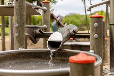 Childrens playground features a water chute with flowing water, surrounded by wooden structures. The cloudy sky sets a calm atmosphere for outdoor play and explorationの写真素材