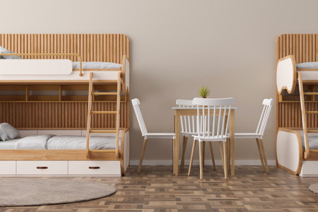 A detailed 3D rendering showcases a modern hostel interior featuring sleek bunk beds made of light...