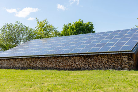 Solar panels cover the roof of a wooden shed, with neatly stacked firewood at its base. The bright green field and clear blue sky create a serene outdoor atmosphereの写真素材