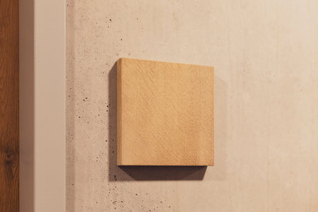 Wooden square sign board is mounted on smooth concrete wall, creating contrast between natural and...