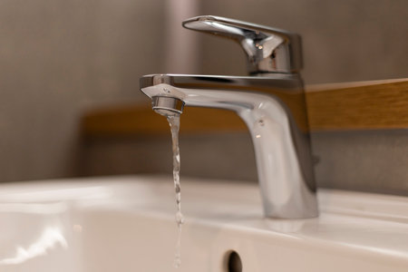 Modern faucet releases a steady stream of water into a clean white sink, showcasing elegant design in a stylish bathroom environment, with a soothing aestheticの写真素材