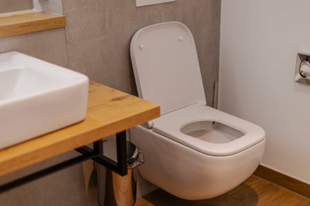 A clean, minimalist bathroom showcases a modern toilet next to a stylish sink on a wooden countertop. The space features neutral tones and practical design elementsの写真素材