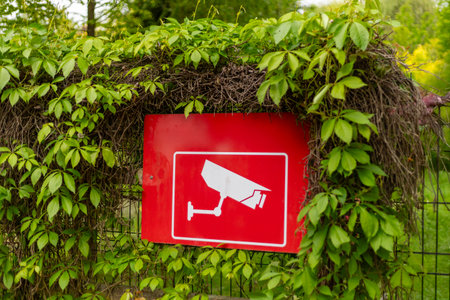 A red warning sign indicating the presence of a security camera is partially obscured by vibrant...