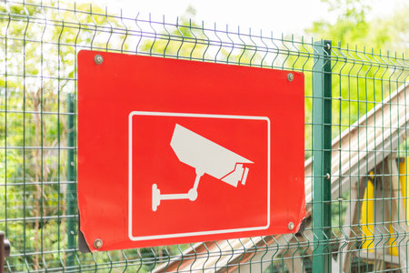 A bright red sign displaying a security camera graphic is mounted on a fence, alerting visitors to...