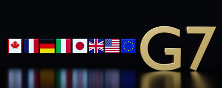 Various national flags representing G7 member countries align next to a prominent G7 emblem. The display signifies collaboration among major economies in addressing global issues. 3D render, banner.の写真素材