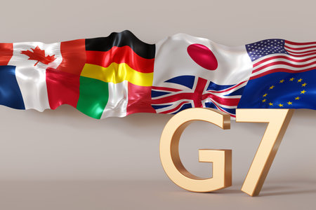 Flags of G7 countries including Canada, Germany, Japan, the UK, the US, and the EU are displayed...