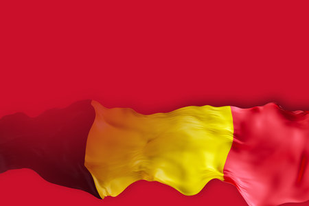 A striking display of the Belgium flag in a 3D rendering, set against a bold red background. The flag gracefully waves, providing suitable space for additional text or informationの写真素材