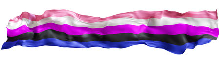 This vibrant genderfluidity pride flag features stripes of pink, white, purple, black, and blue, symbolizing gender identity fluidity and inclusiveness against clean white backdrop. 3D render.の写真素材