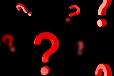 Bright red question marks are arranged in a seamless pattern against a solid black background. This...